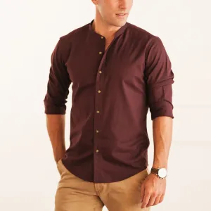 Essential Band Collar Button Down Shirt - Dark Burgundy Cotton Twill