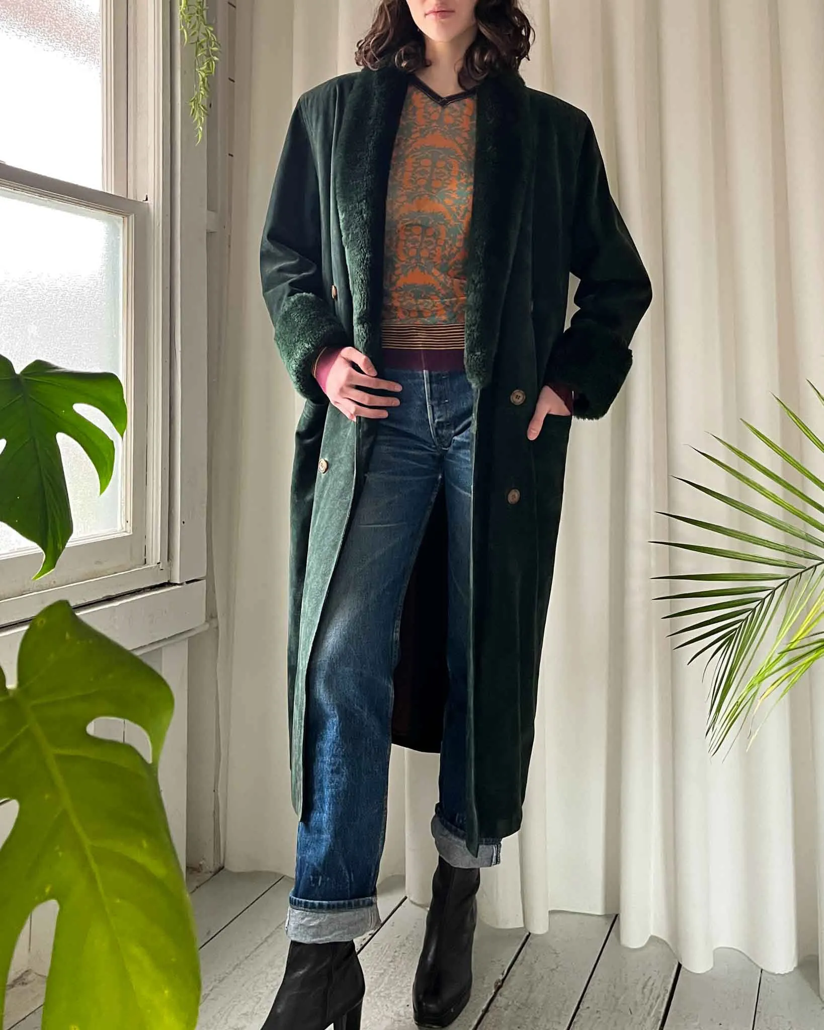 80s Green Shearling Suede Coat | M-L