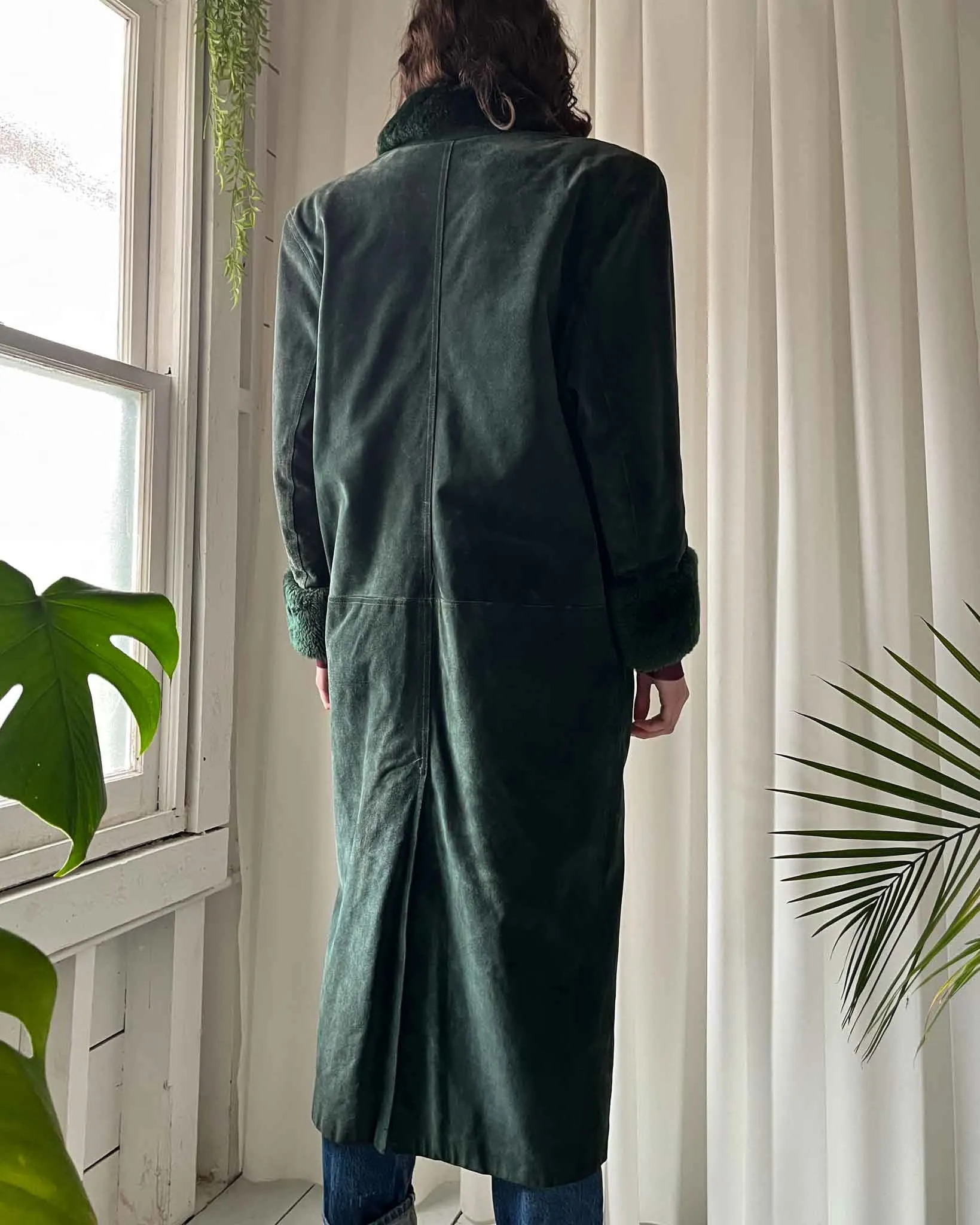 80s Green Shearling Suede Coat | M-L