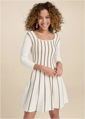 A-Line Sweater Dress  - White & Brown