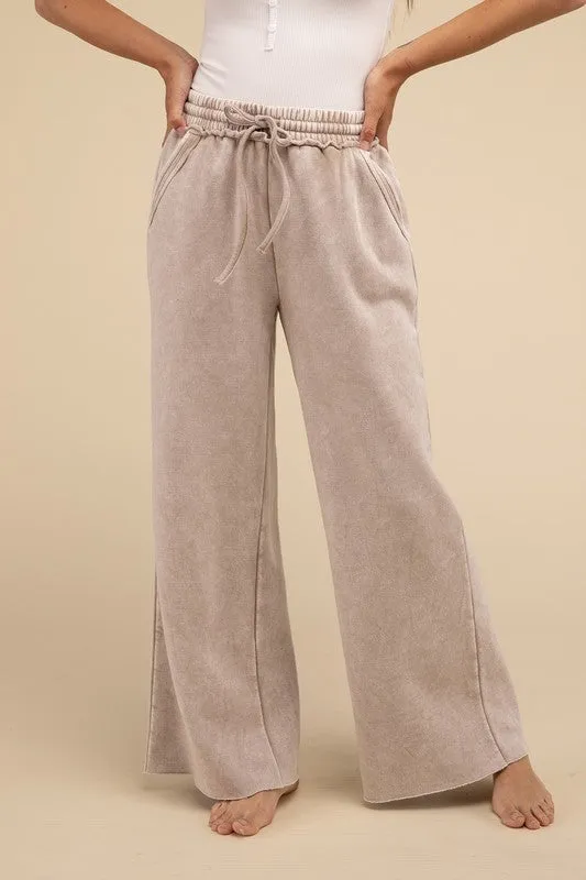 Acid Wash Fleece Palazzo Sweatpants with Pockets