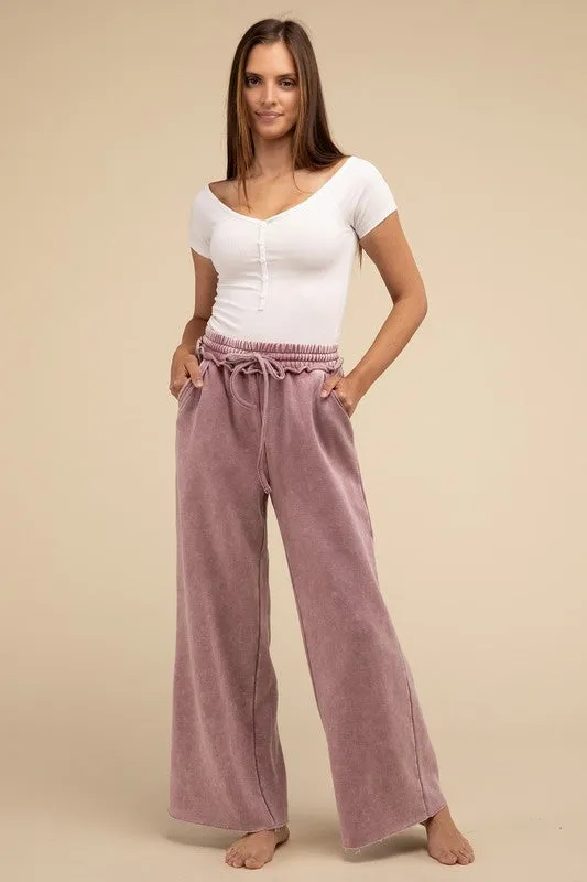 Acid Wash Fleece Palazzo Sweatpants with Pockets