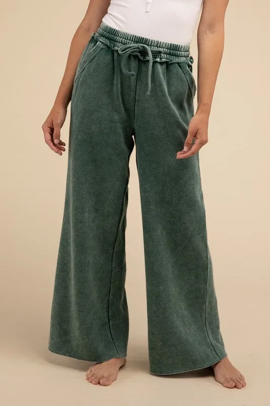 Acid Wash Fleece Palazzo Sweatpants with Pockets