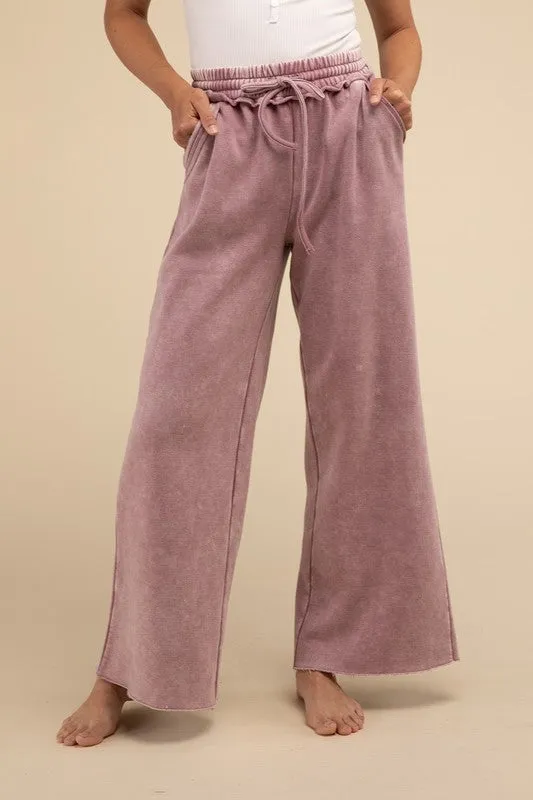 Acid Wash Fleece Palazzo Sweatpants with Pockets