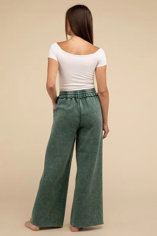 Acid Wash Fleece Palazzo Sweatpants with Pockets