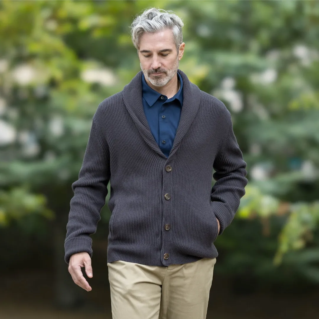 Adaptive Ribbed Cotton Shawl Collar Cardigan with Magnetic Button Front and Pockets in Charcoal