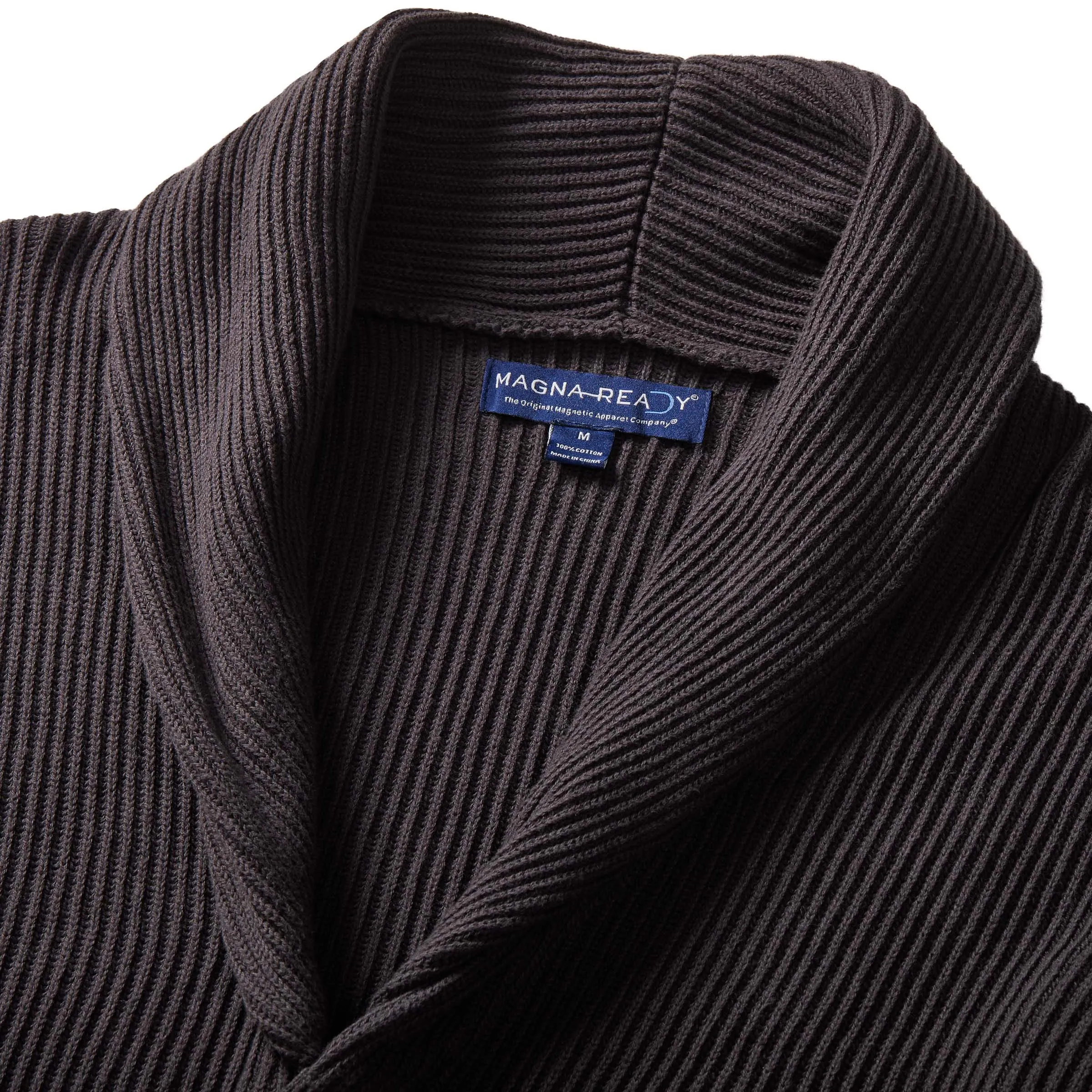 Adaptive Ribbed Cotton Shawl Collar Cardigan with Magnetic Button Front and Pockets in Charcoal