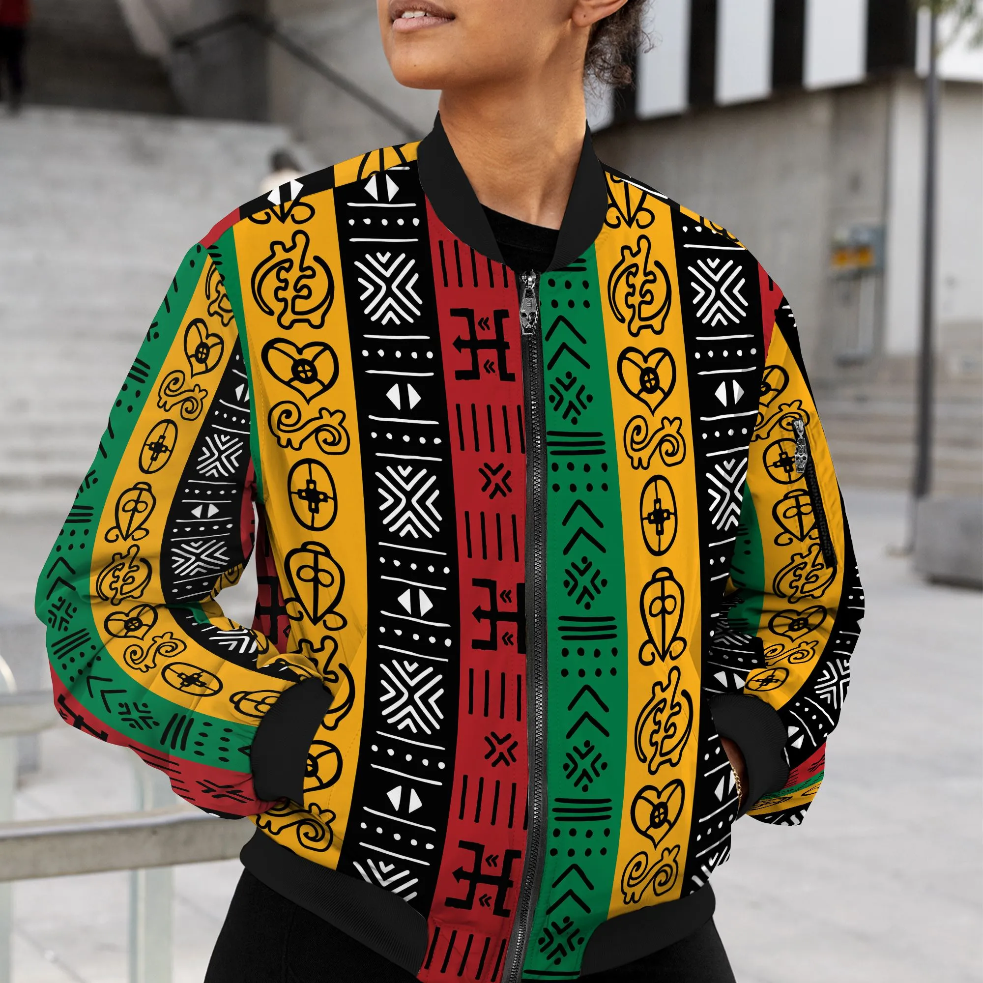 African Symbols in Pan-African Colors Bomber Jacket