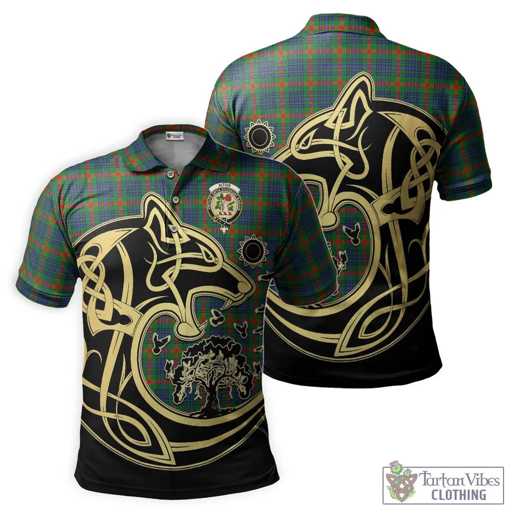 Aiton Tartan Polo Shirt with Family Crest Celtic Wolf Style