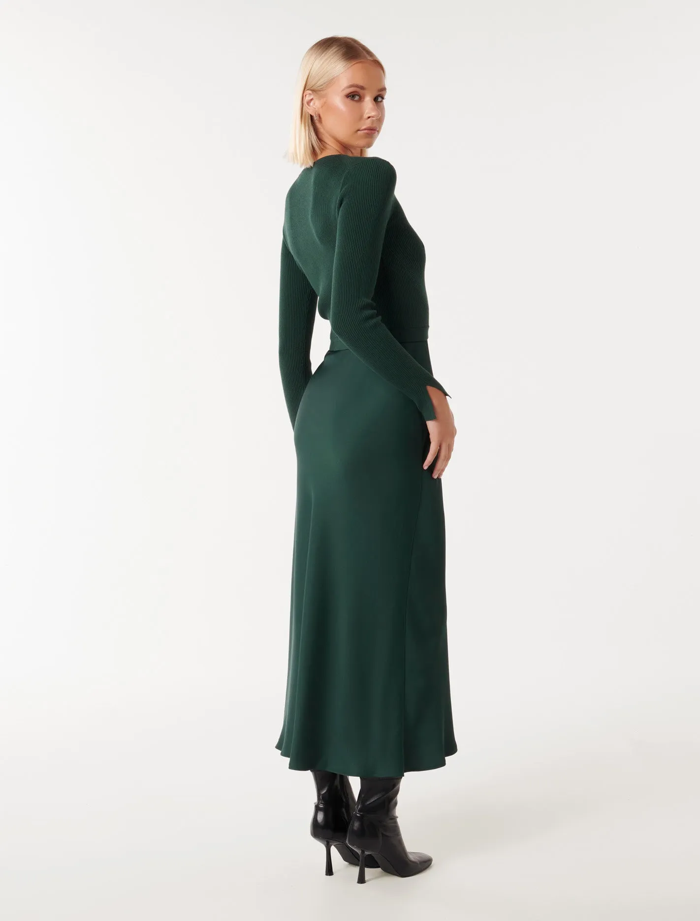 Alicia Long Sleeve Satin Mix Knit Dress