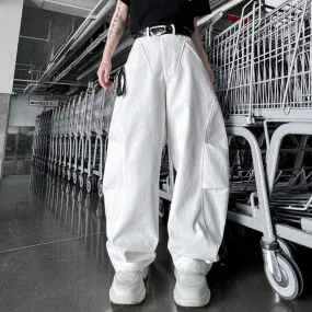 American Style Men's Casual Pants Arcuate Folded Straight Wide Leg Solid Color Loose Male Trousers Autumn 9C7001