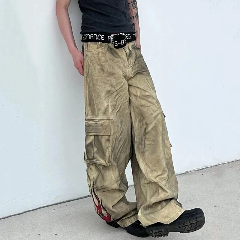 American Style Men's Denim Pants Worn-out Flame Printing Big Pockets Overall Straight Leg Male Jeans Summer Tide 9C6789