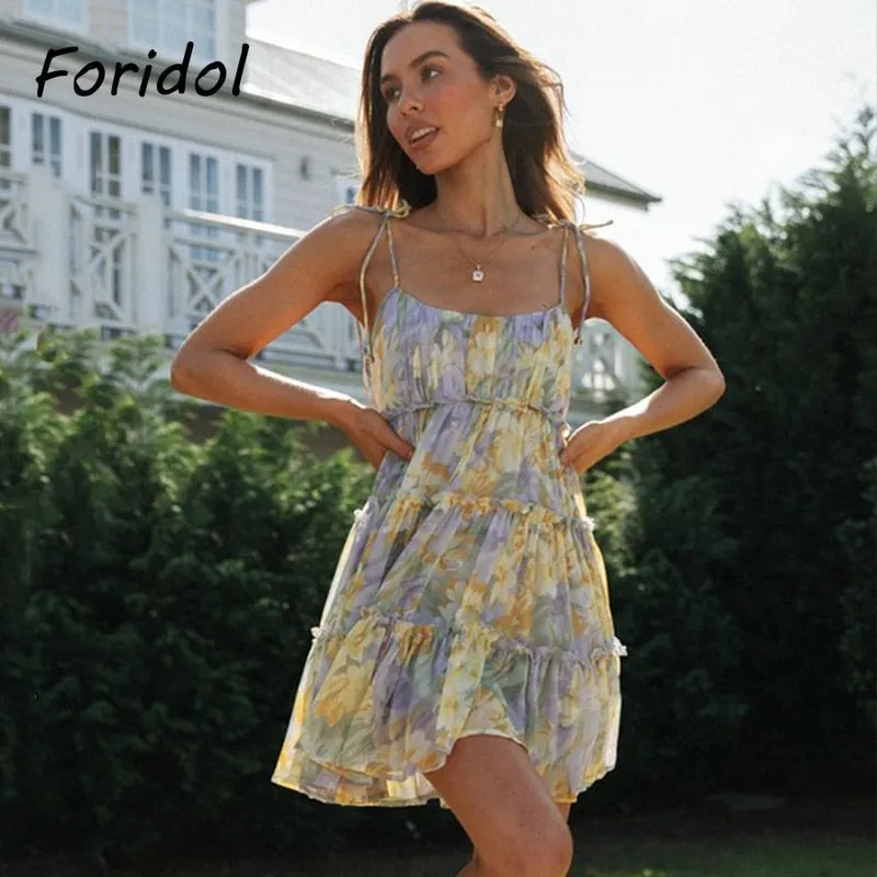 Amozae  Floral Print Boho Sundress Women Ruffle Summer Dress Casual Beach Short Dress Vintage slip Dress Women Fashion Clothing 2022