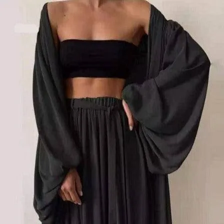 Ana Bandeau Top & Oversize Pants With Puff Sleeve Robe