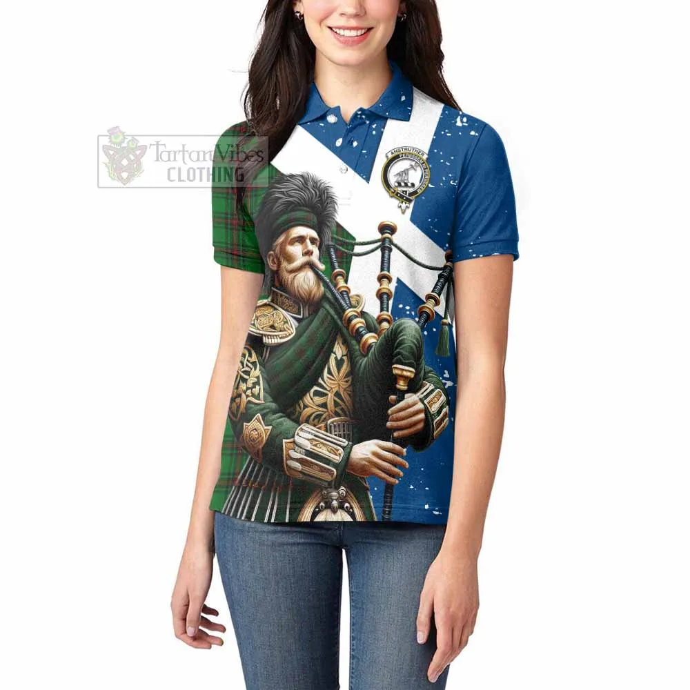 Anstruther Tartan Women's Polo Shirt with Family Crest Scottish Bagpiper Vibes