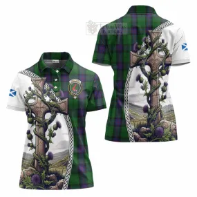 Armstrong Tartan Women's Polo Shirt with Family Crest and St. Andrew's Cross Accented by Thistle Vines