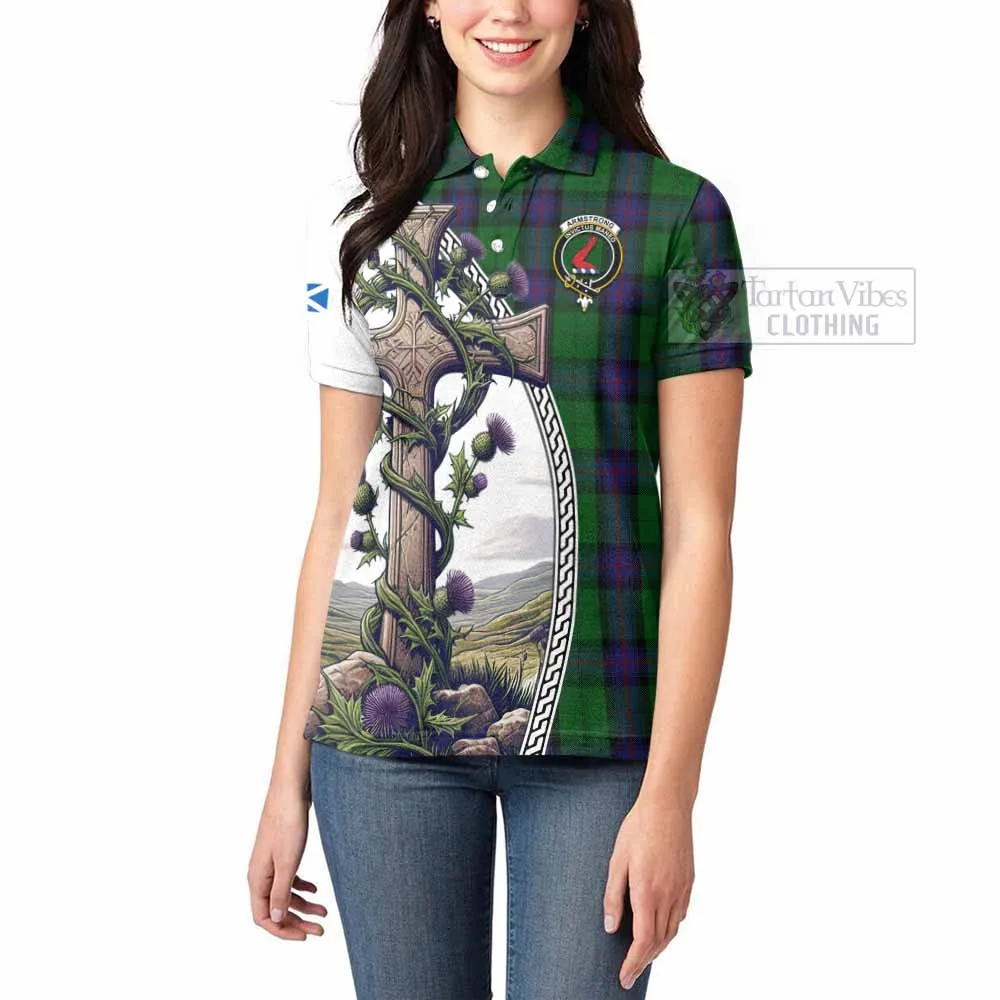 Armstrong Tartan Women's Polo Shirt with Family Crest and St. Andrew's Cross Accented by Thistle Vines