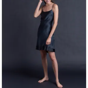 Athena Mid Length Slip Dress in Color Block Black and Sapphire Silk Charmeuse