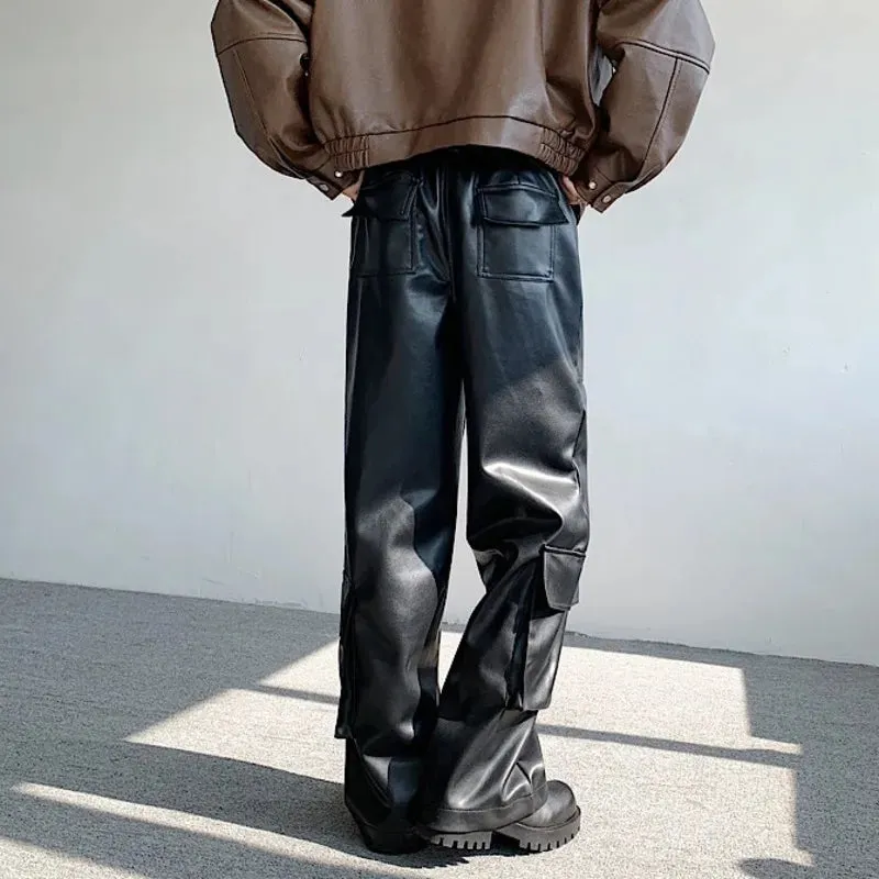 Autumn Winter Men's Leather Trousers Rivet Niche Design PU Casual Pants Solid Color Wide Leg Male Streetwear 24X3131