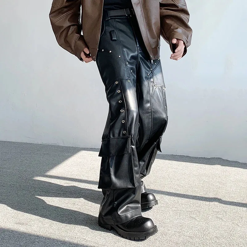 Autumn Winter Men's Leather Trousers Rivet Niche Design PU Casual Pants Solid Color Wide Leg Male Streetwear 24X3131