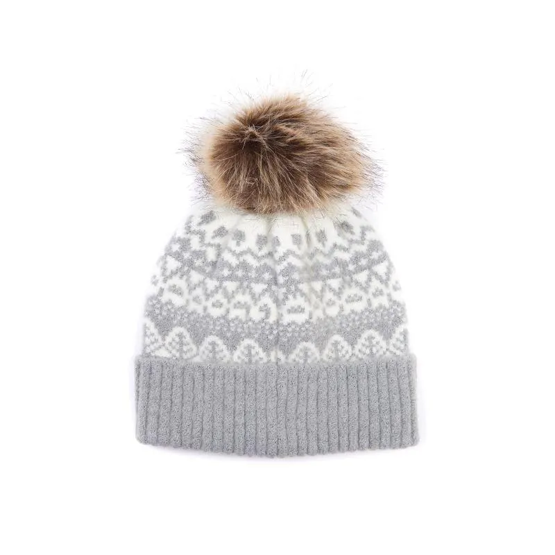 Barbour Alpine Ladies Fairisle Pom Beanie - Grey