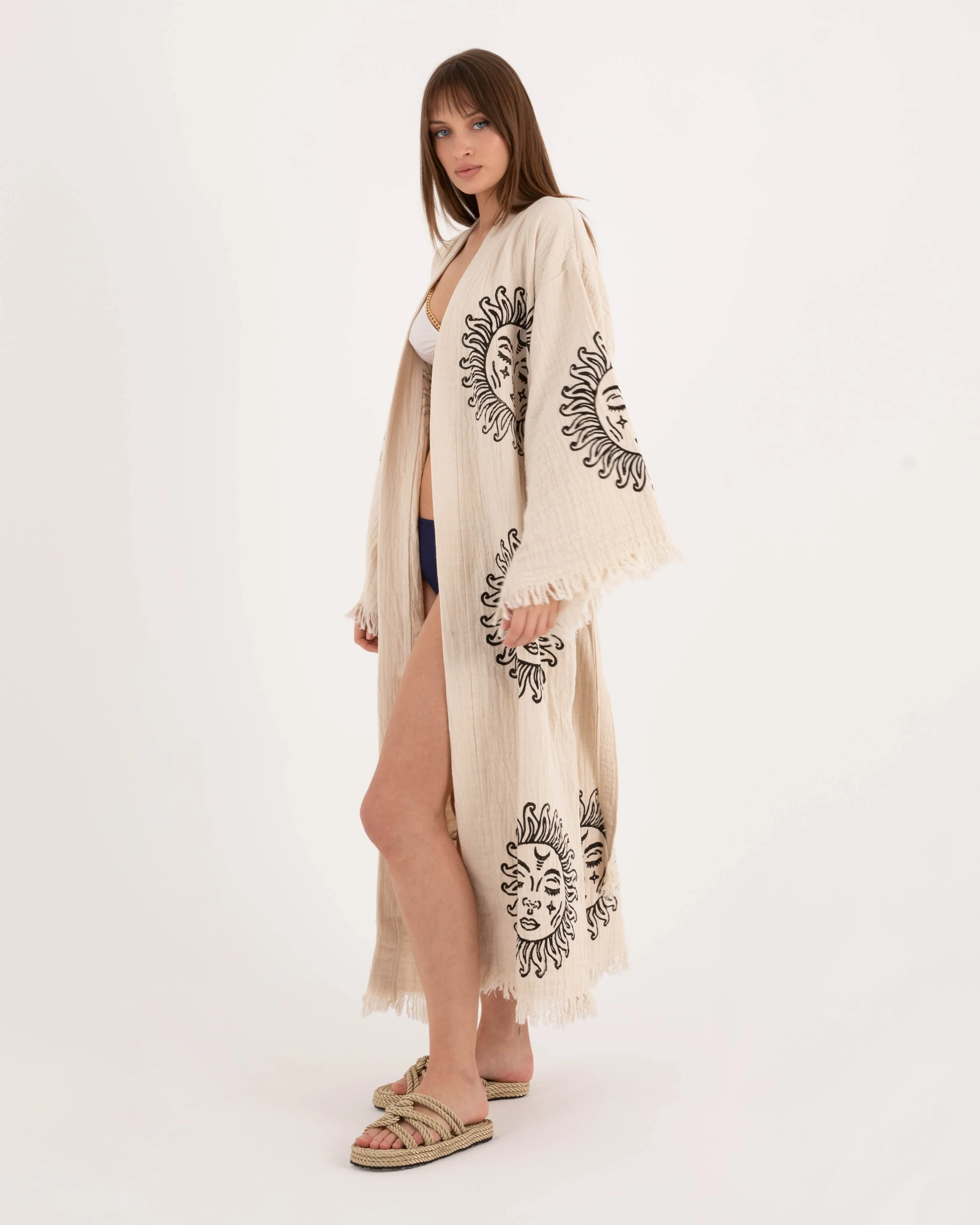 Beige Kimono with Sun God Pattern Robe