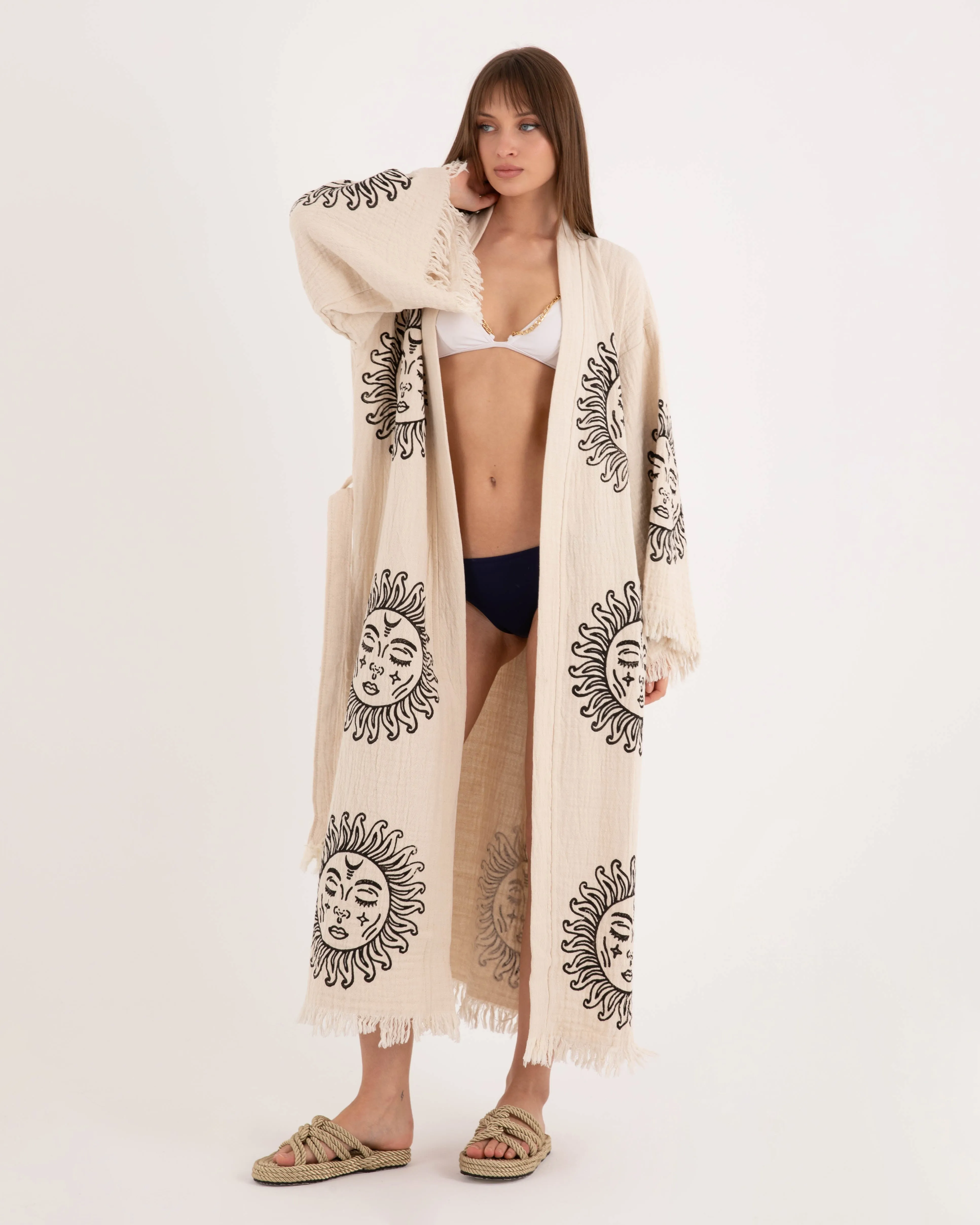 Beige Kimono with Sun God Pattern Robe