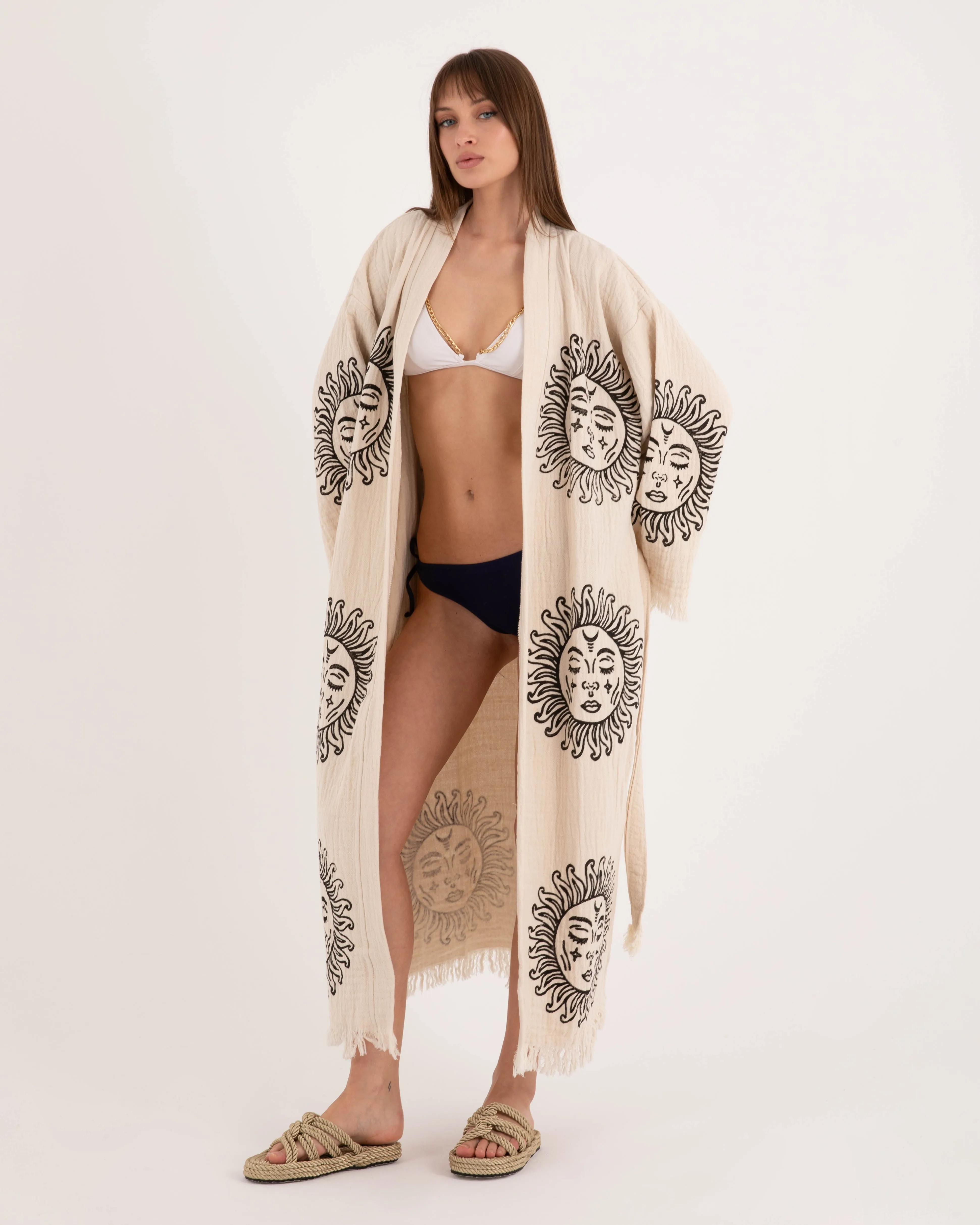 Beige Kimono with Sun God Pattern Robe