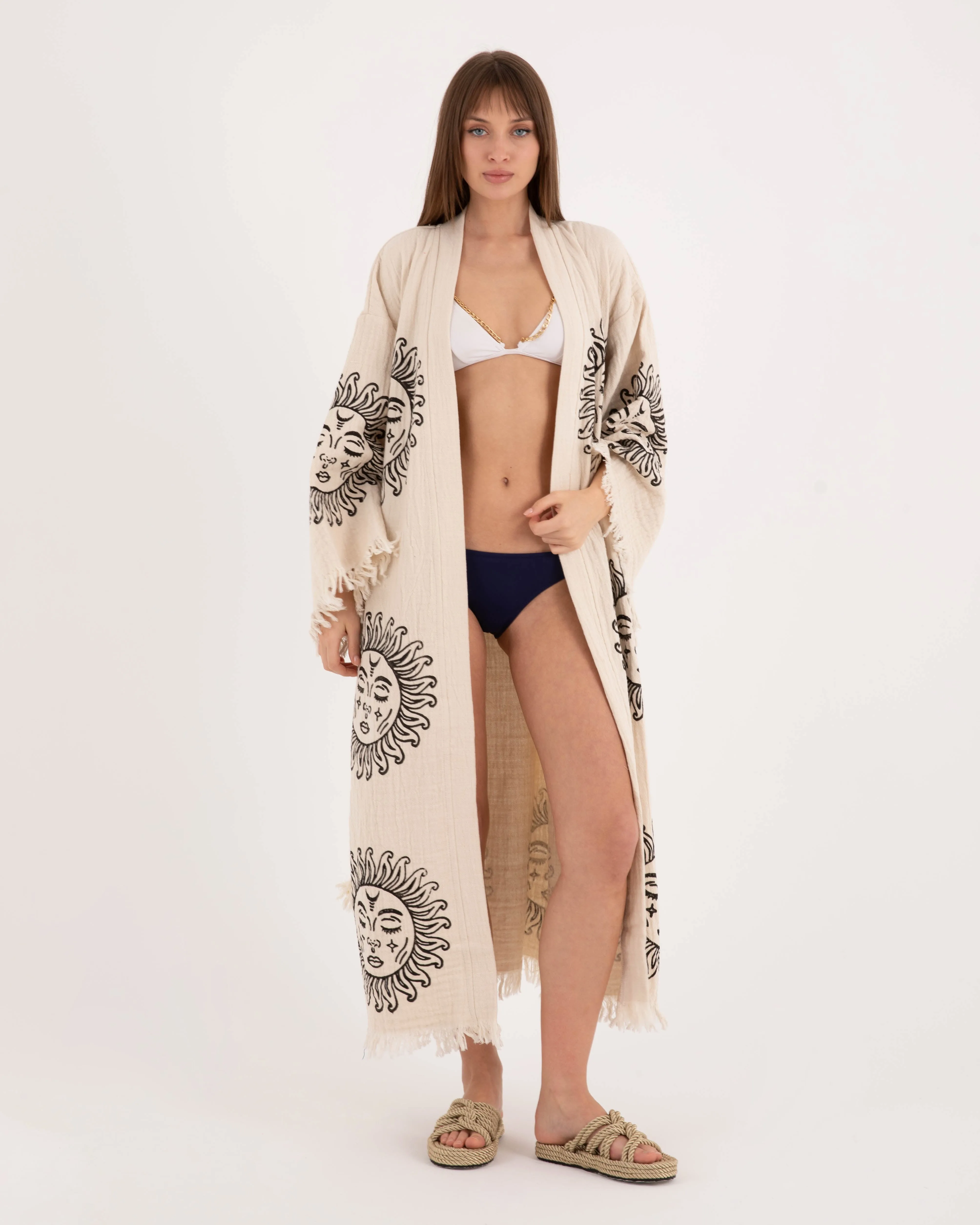 Beige Kimono with Sun God Pattern Robe