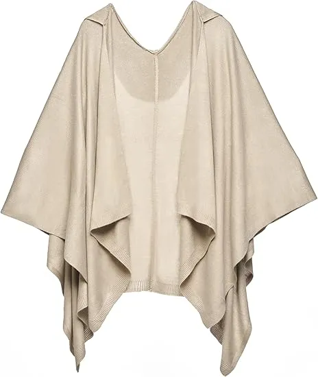 Beige-White Luxurious Knit Sweater Poncho Cardigan