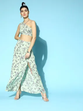 Berrylush Women Green & Blue Floral Printed One-Shoulder Neck Thigh-High Slit Maxi Co-Ordinate Set