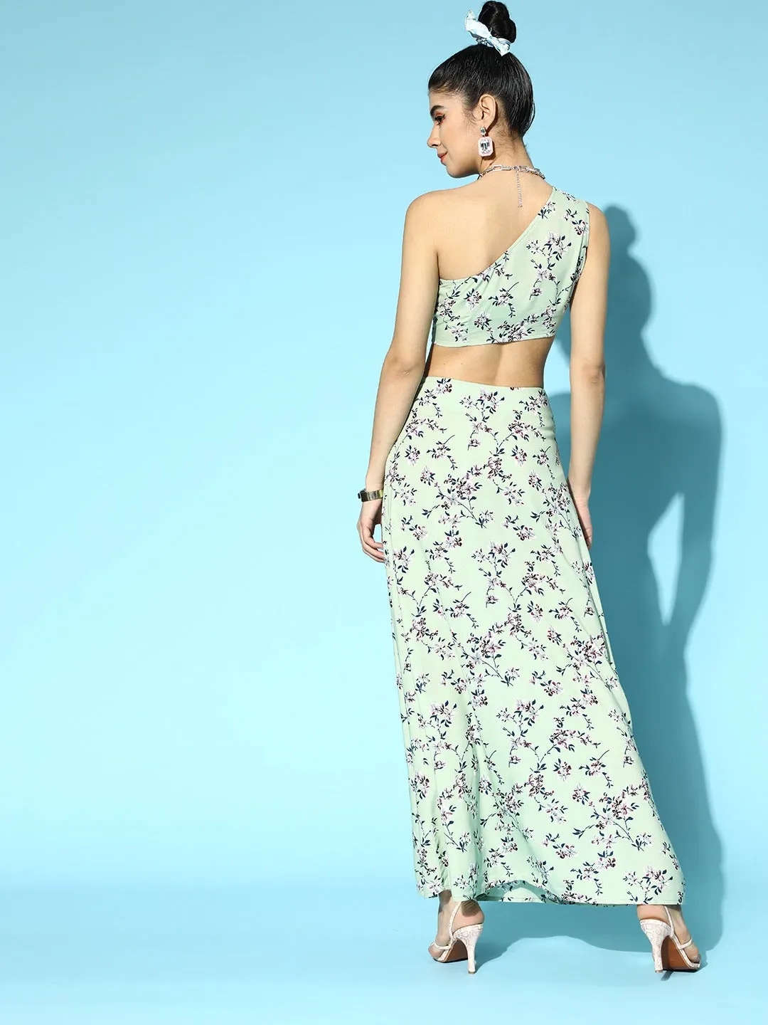 Berrylush Women Green & Blue Floral Printed One-Shoulder Neck Thigh-High Slit Maxi Co-Ordinate Set