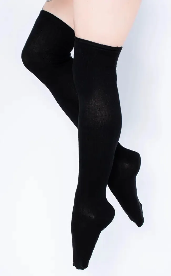 Black Ribbed Thigh High Socks