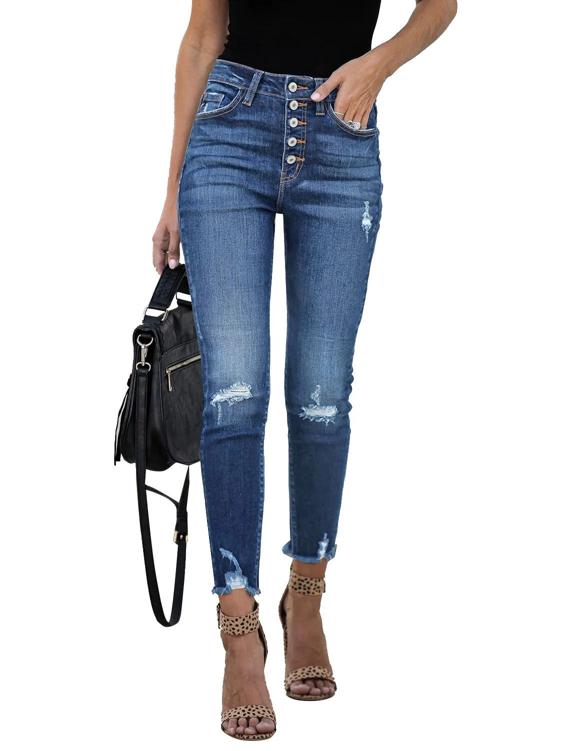 Blue High-Waist Button-Up Raw Hem Ripped Cropped Jeans