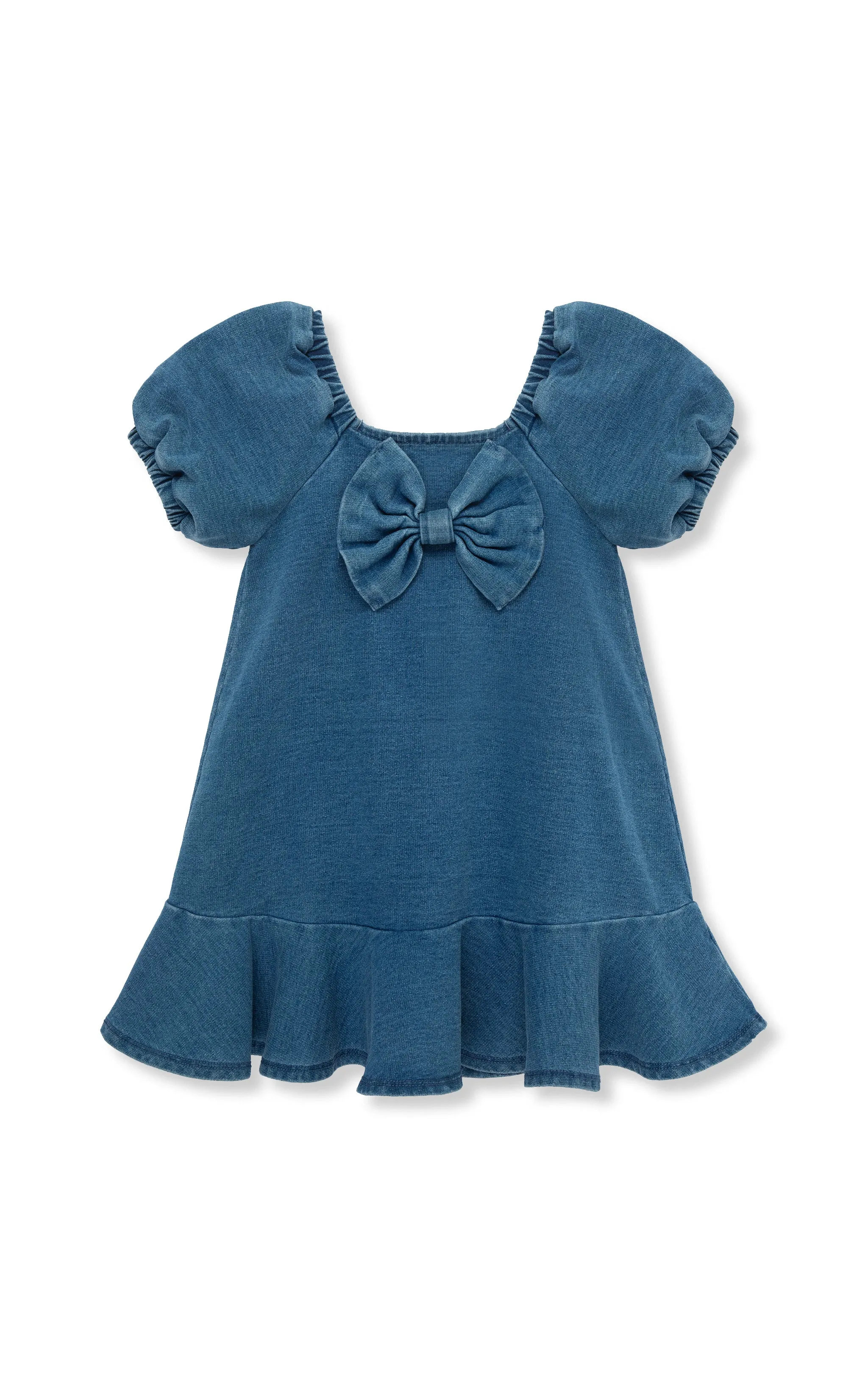 Bow Puff Sleeve Knit Denim Dress | 2-6