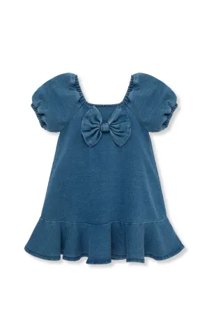 Bow Puff Sleeve Knit Denim Dress | 2-6