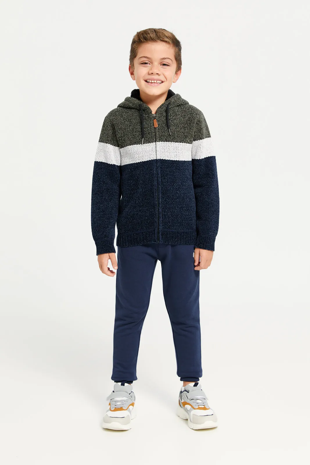 Boys Beige Zip Thru Hooded Chenille Cardigan