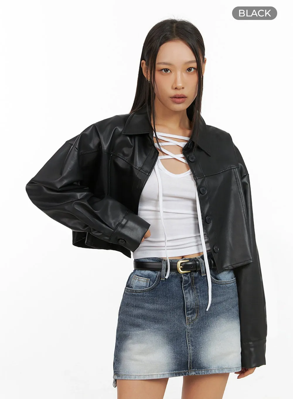 Buttoned Faux Leather Cropped Jacket IS427