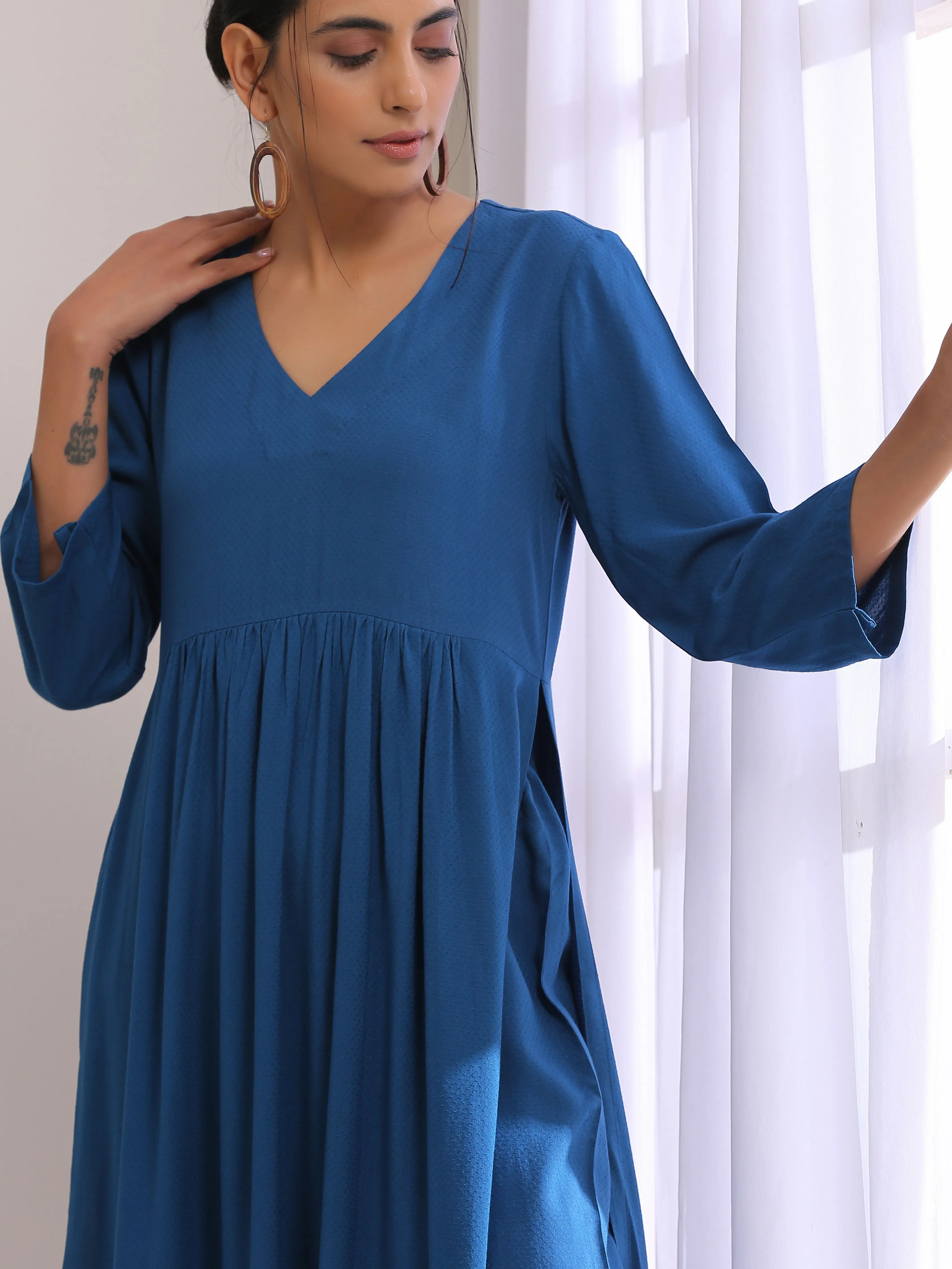 Classic Blue Dobby High Slit Gathered Kurta Set