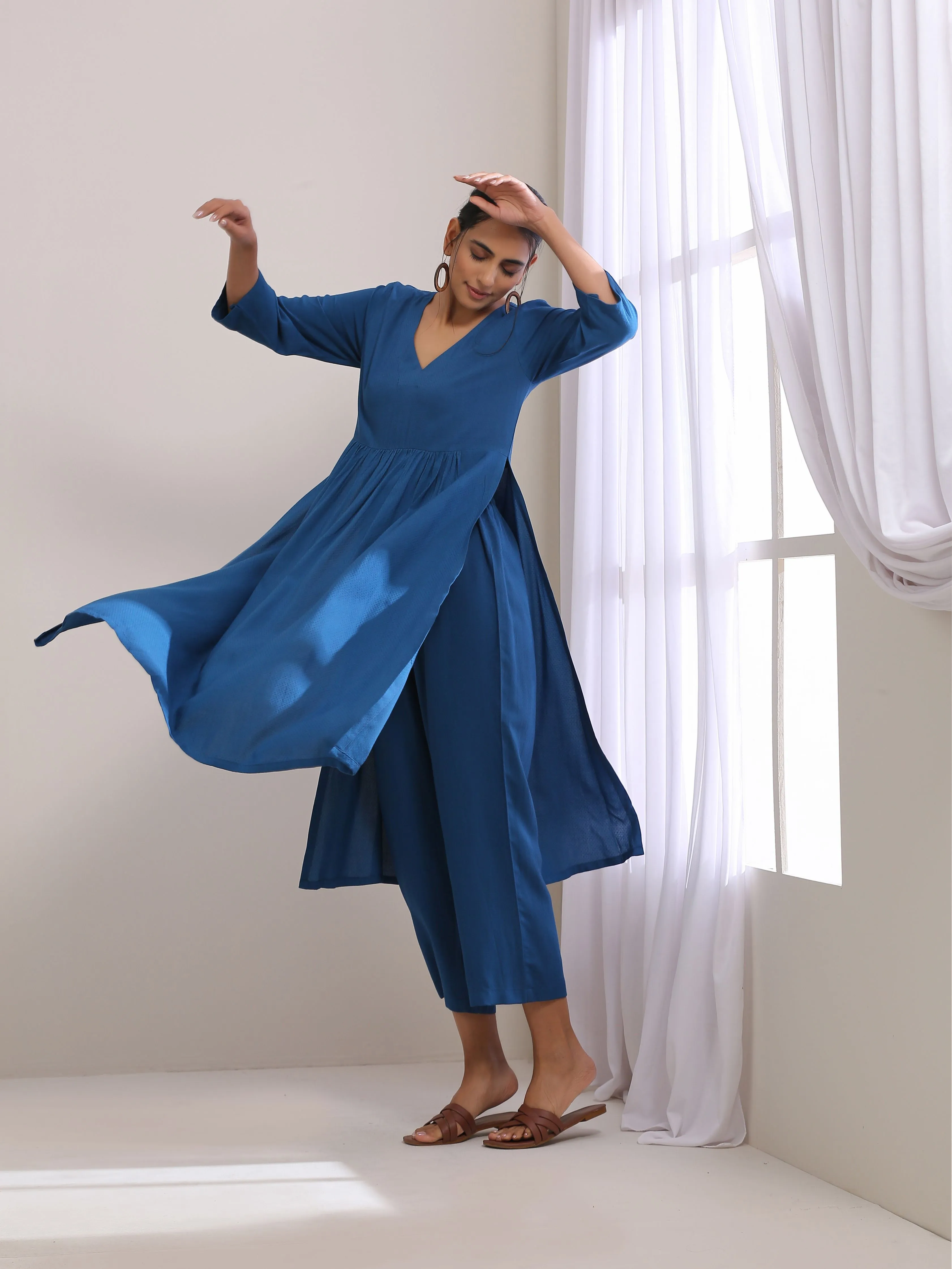 Classic Blue Dobby High Slit Gathered Kurta Set