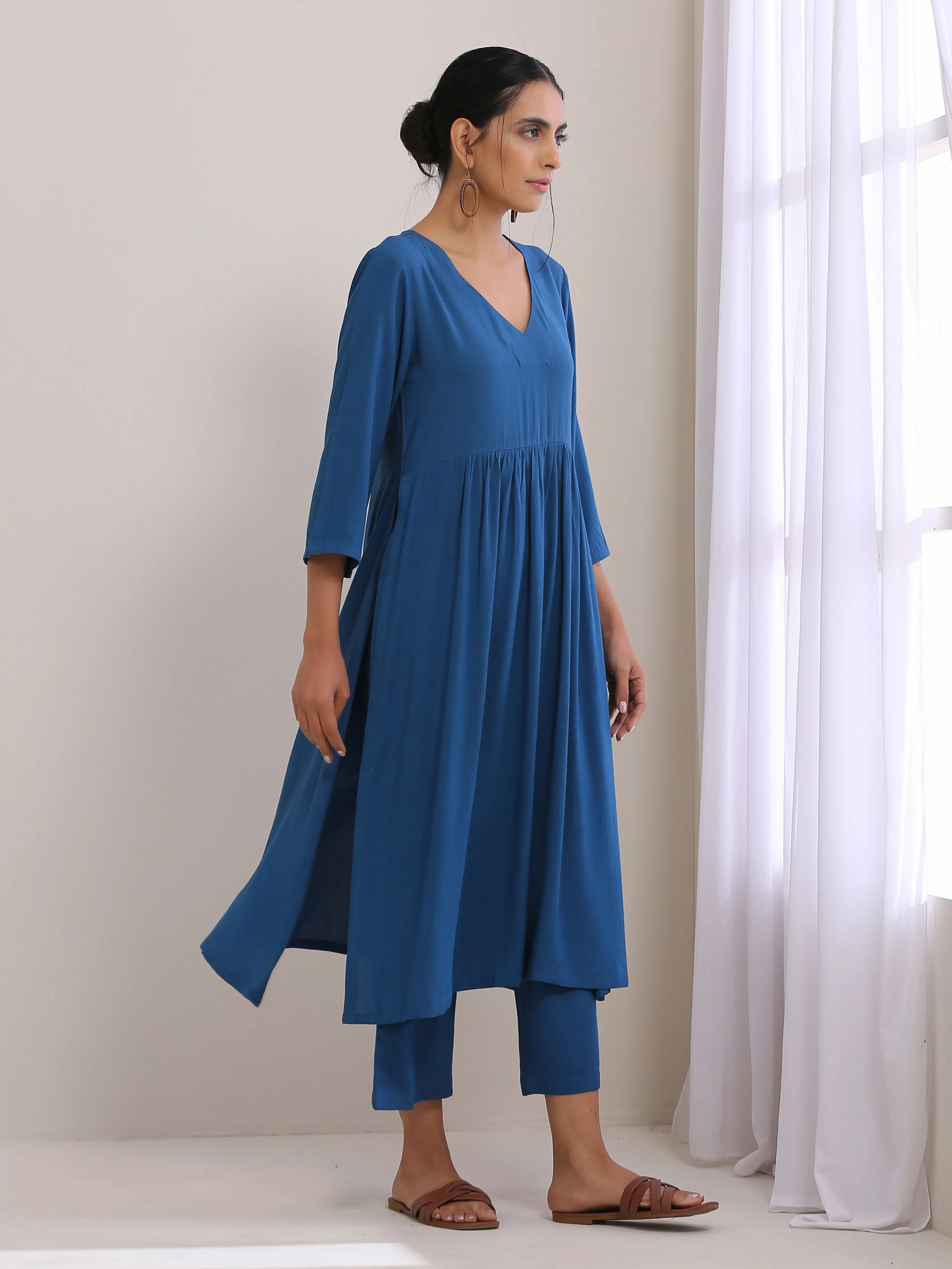 Classic Blue Dobby High Slit Gathered Kurta Set