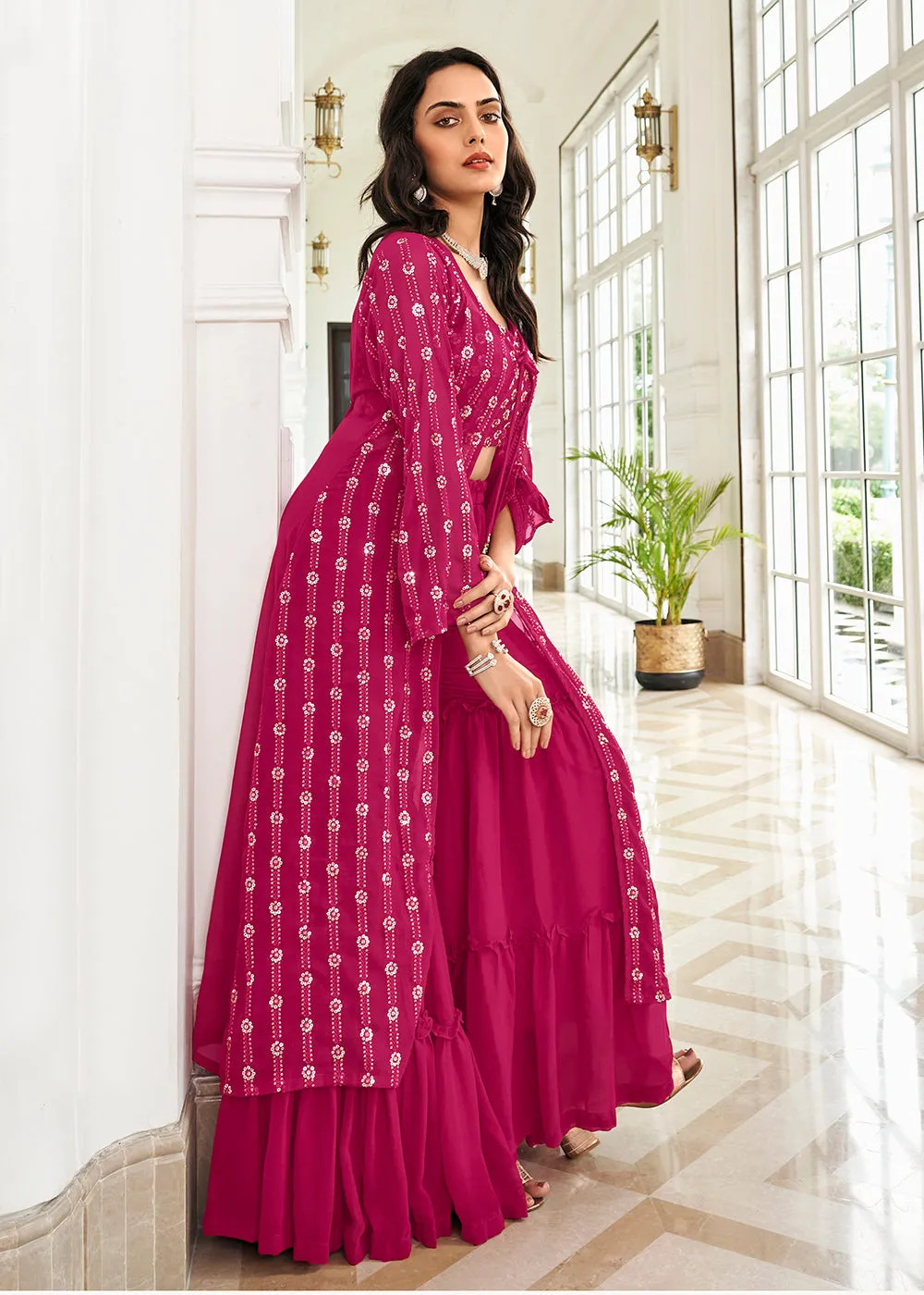 Classic Hot Pink 3 Piece Sequins Embroidered Gharara Suit