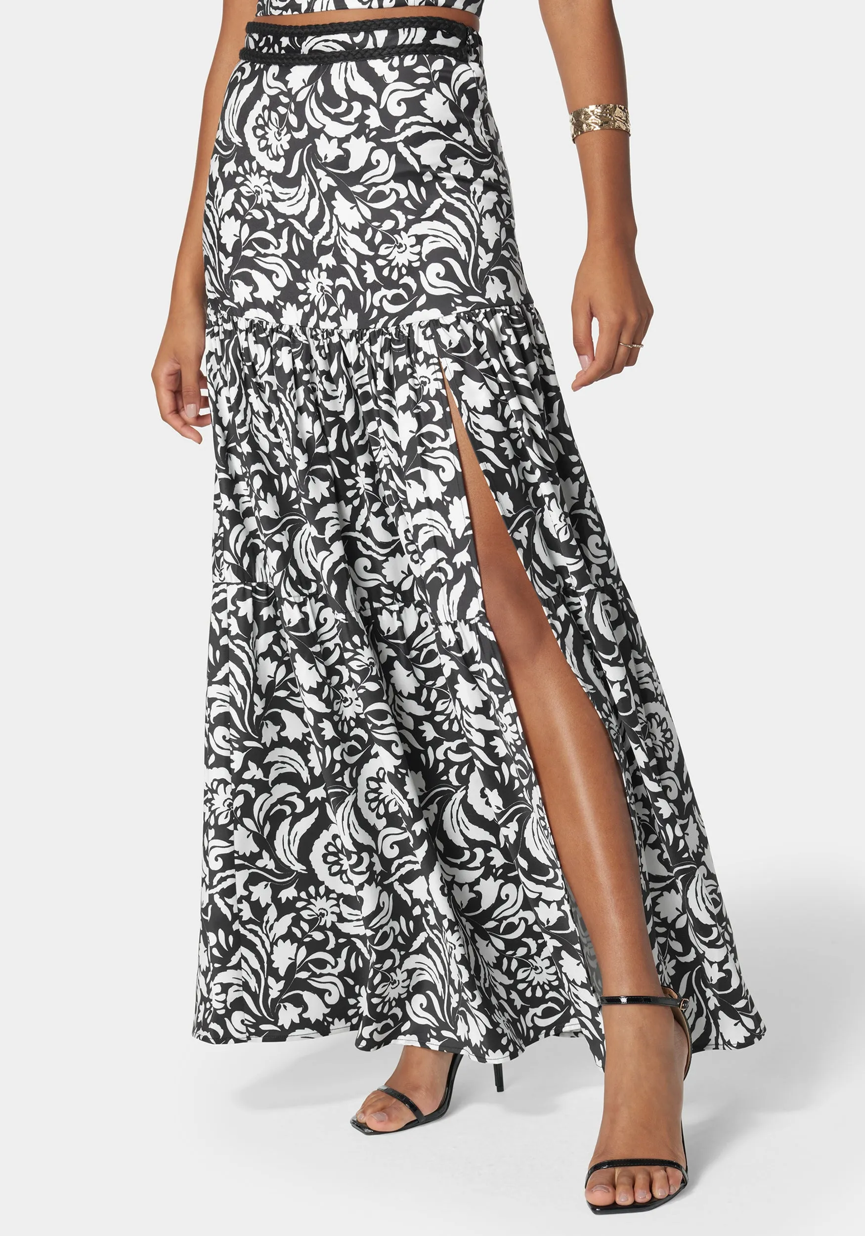 Contrast Braid Waist Tiered Flowly Maxi Skirt