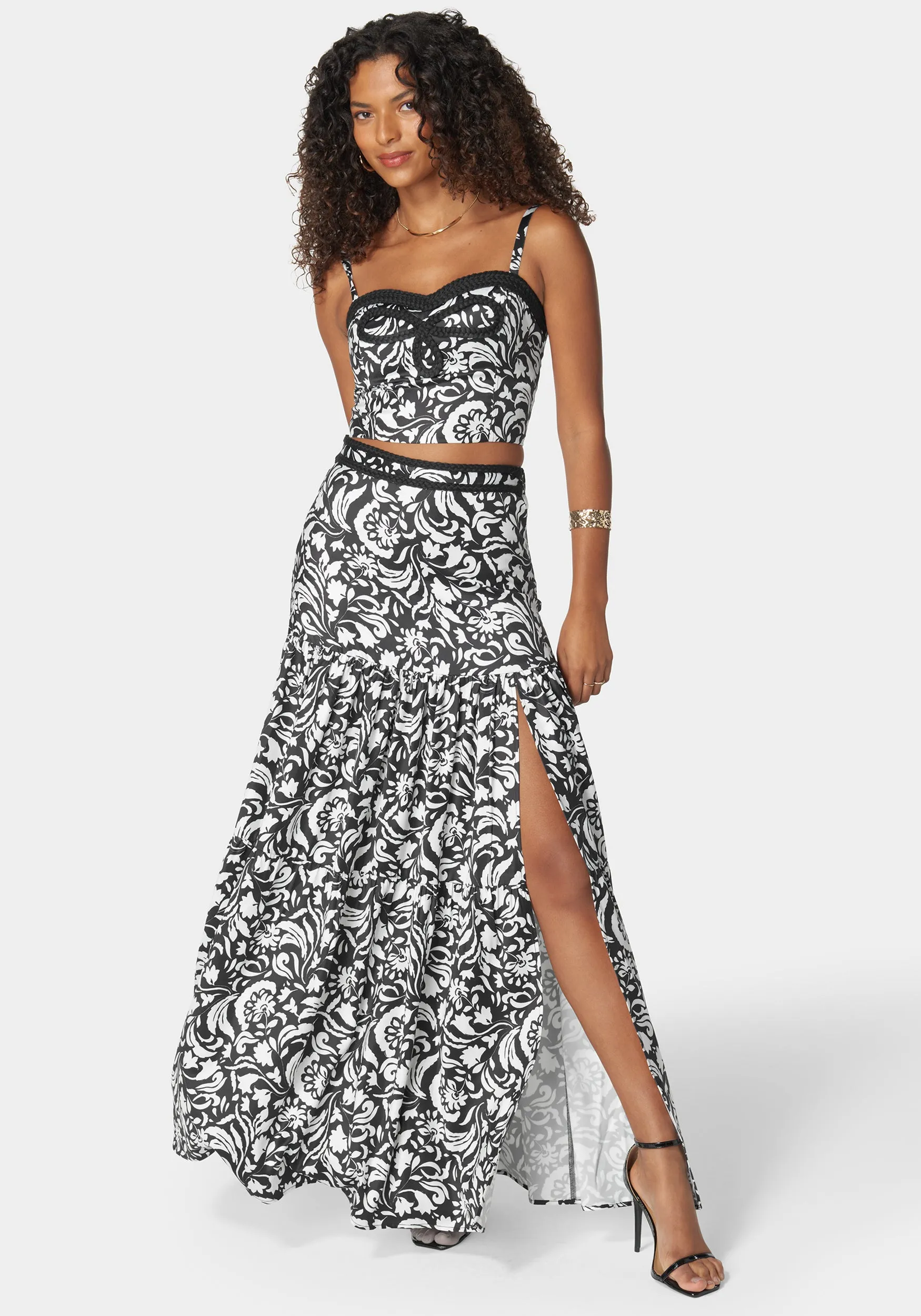 Contrast Braid Waist Tiered Flowly Maxi Skirt