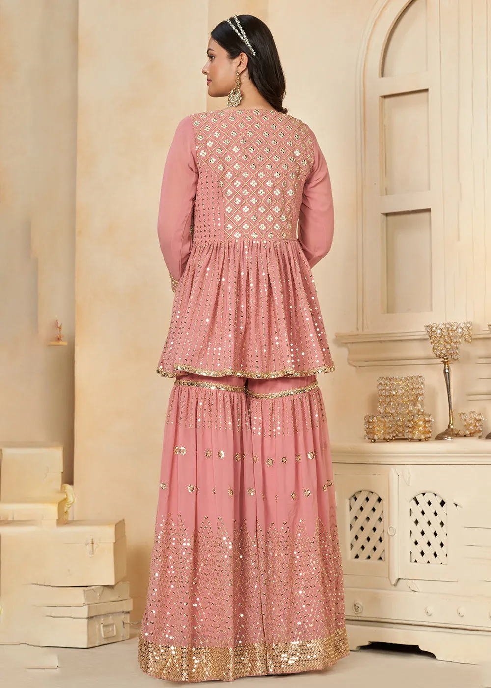 Coral Pink Faux Georgette Indo Western Gharara Style Suit