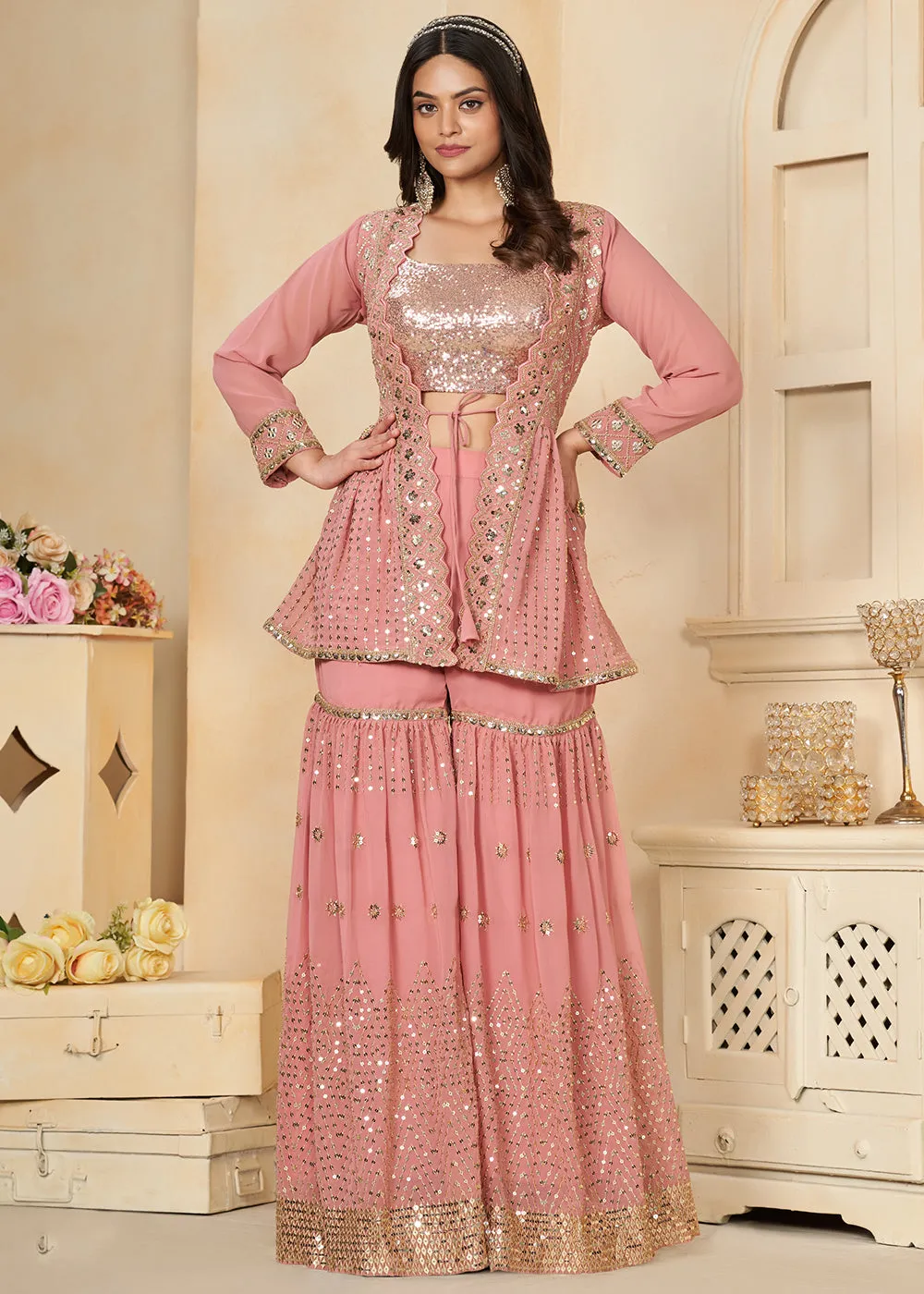 Coral Pink Faux Georgette Indo Western Gharara Style Suit