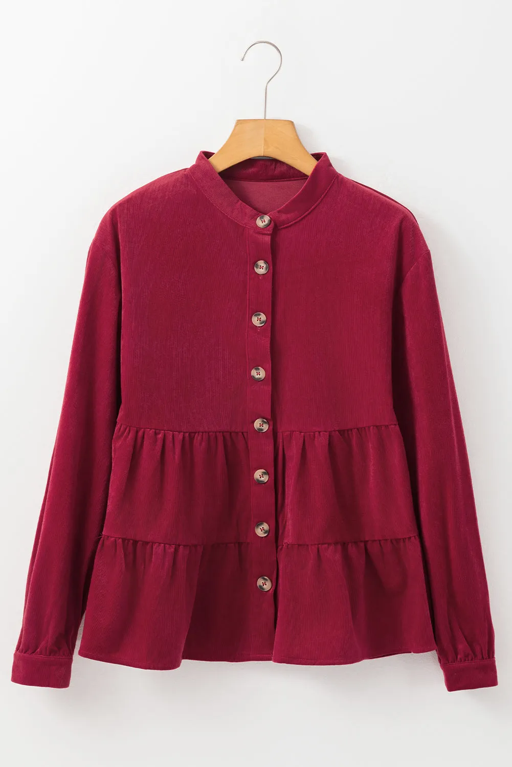 Corduroy Ruffle Tiered Buttoned O Neck Shirt