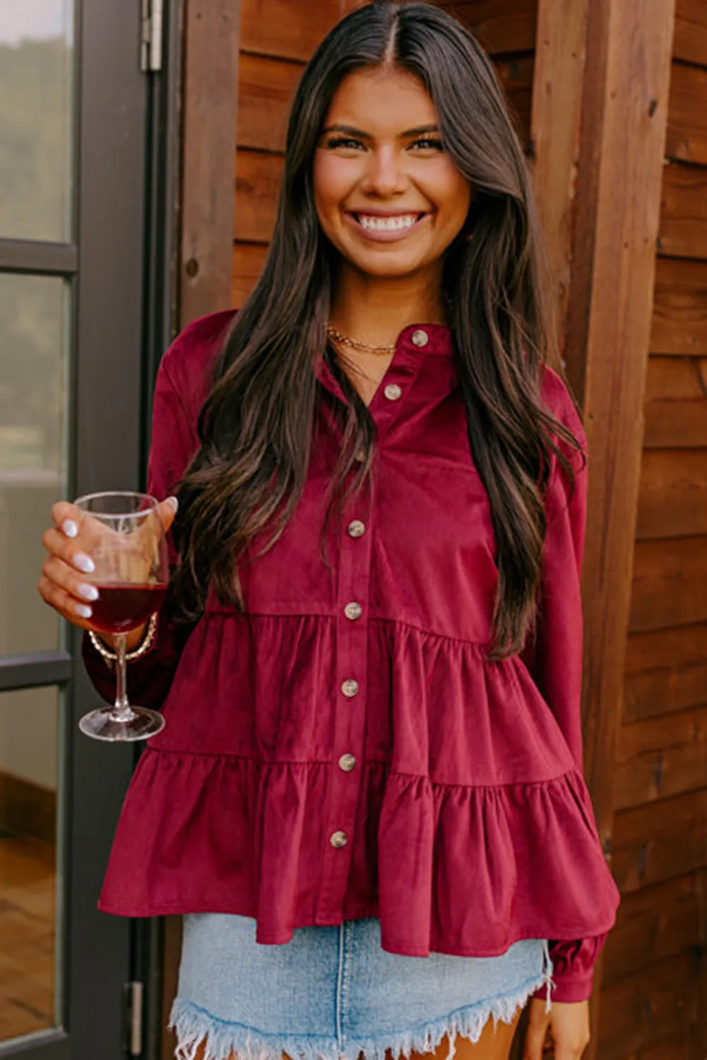 Corduroy Ruffle Tiered Buttoned O Neck Shirt