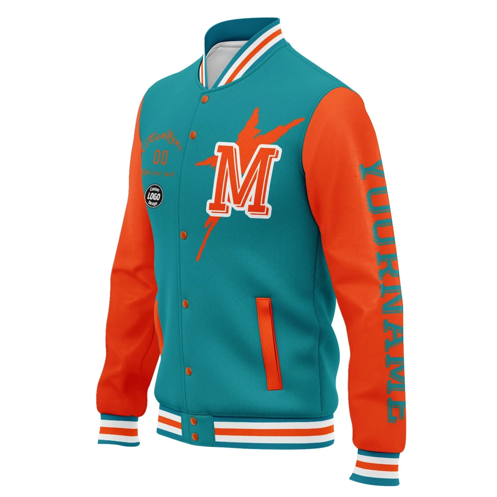 Custom Blue Orange Miami Jacket Bomber Full-Snap Varsity Letterman Personalized Jacket FZ005SX-D020290-24