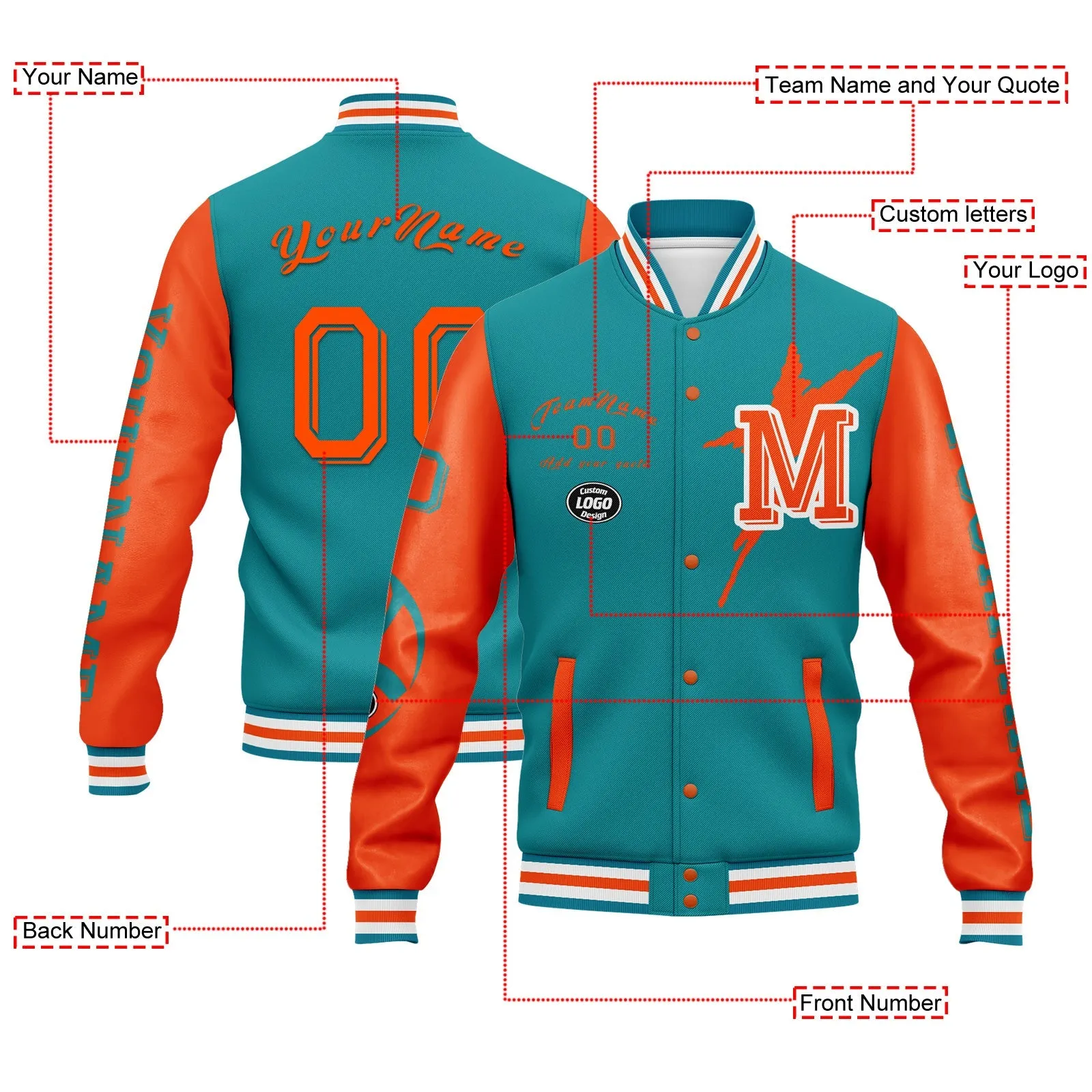 Custom Blue Orange Miami Jacket Bomber Full-Snap Varsity Letterman Personalized Jacket FZ005SX-D020290-24